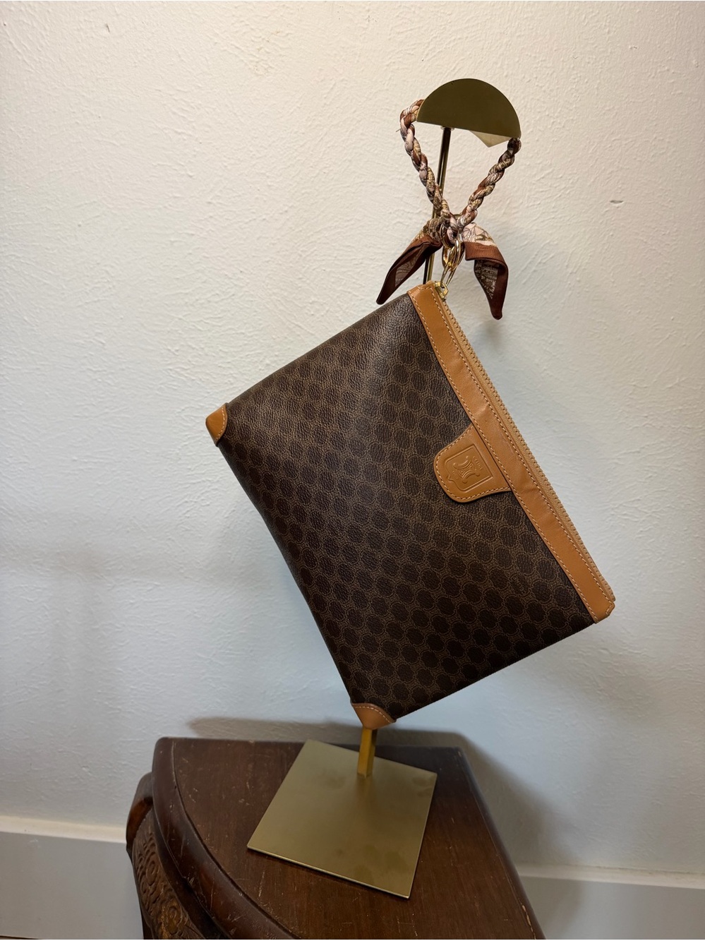 Brown Patterned Wristlet Clutch with Tan Trim